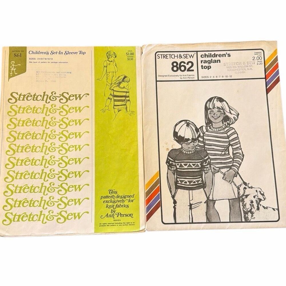Kid’s  Vintage 1970s Sewing Pattern by Stretch & Sew #861 & 862 both shirt sets